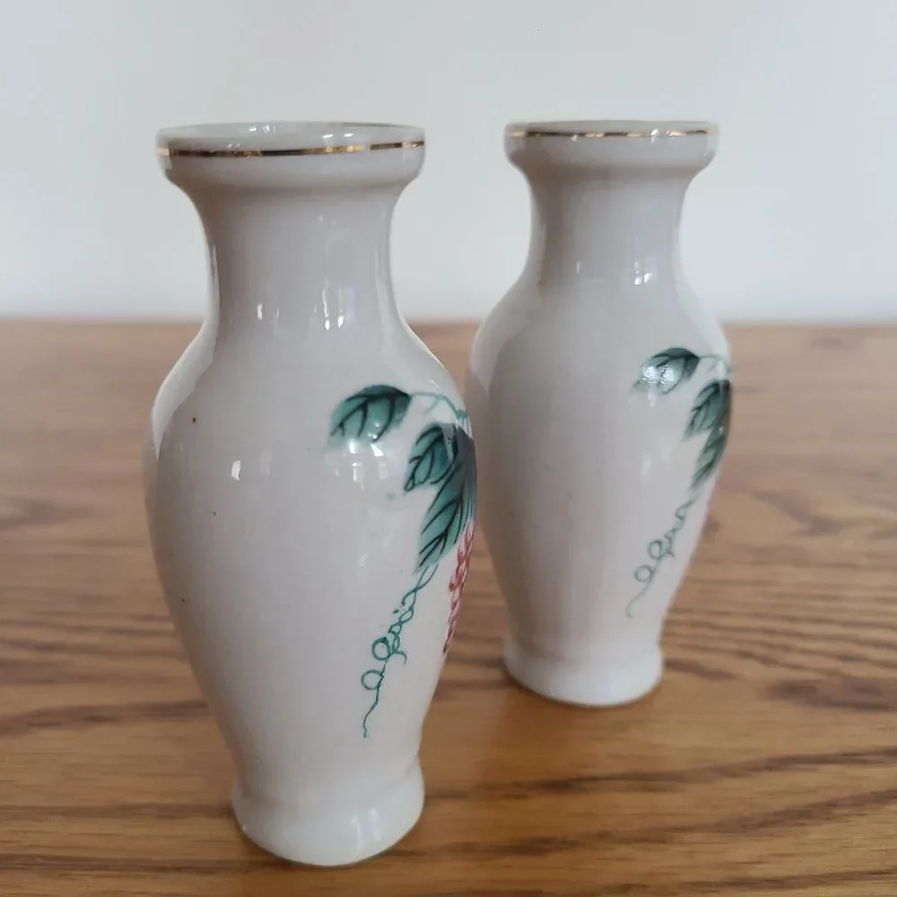 Mini Porcelain Ceramic Bud Vase Pair Grapevine and Leaf Design Vintage 1970s